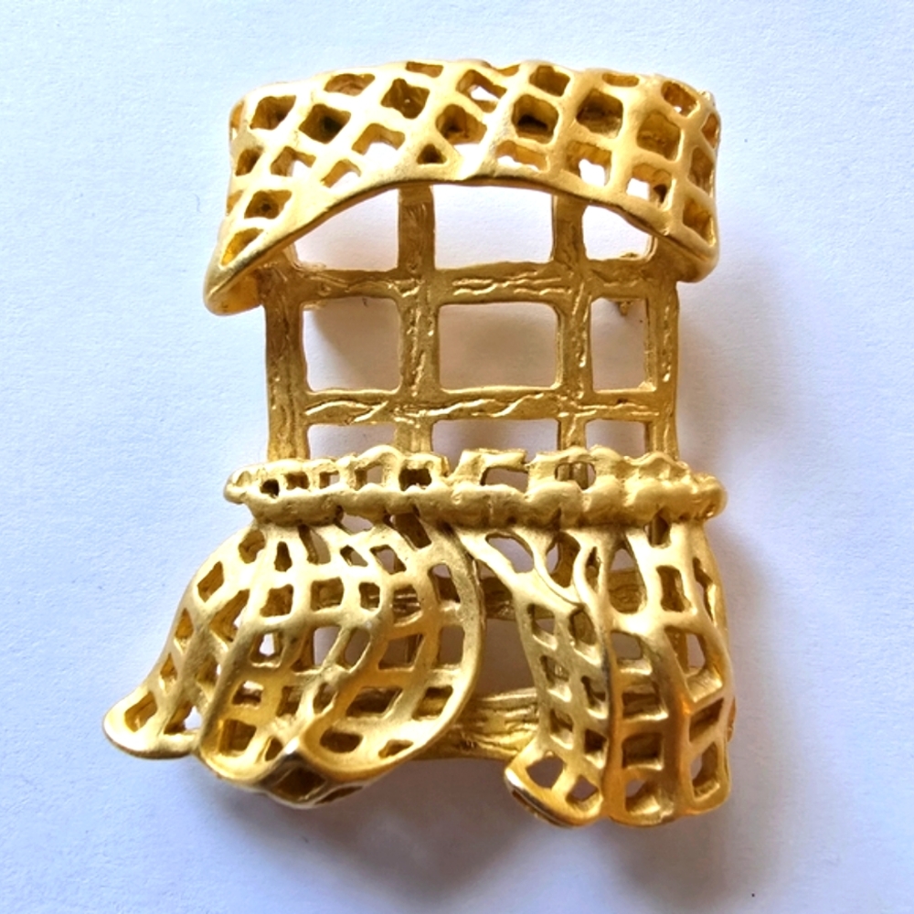 Vintage brooch open window with wind blowing the curtains gold tone